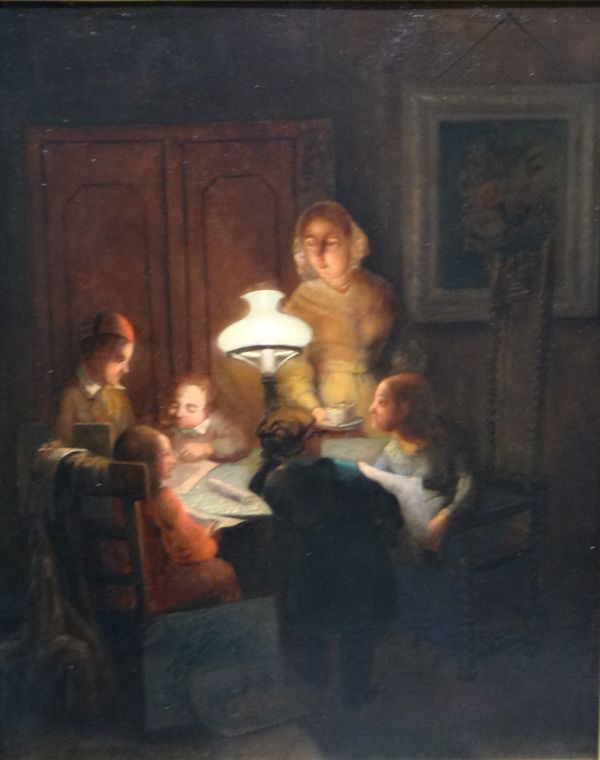 Continental School (19th century), Family in a lamplit interior, oil on panel, 38cm x 30cm.