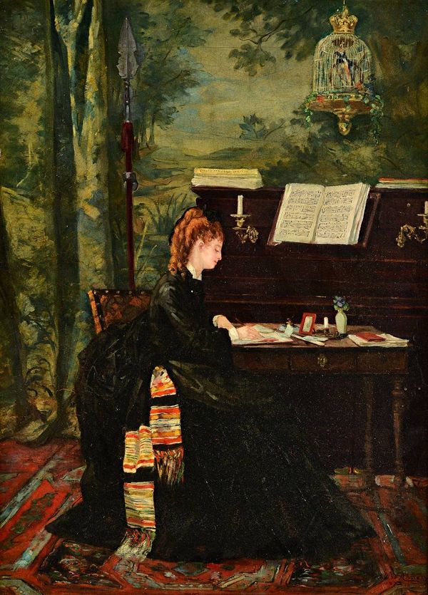 Louise Abbéma (1858-1927), A lady seated at a writing desk by a piano, oil on board, signed and dated 1872, 59cm x 42.5cm. Illustrated.