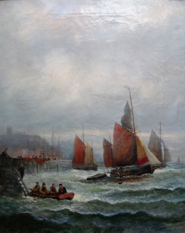 Manner of William Thornley, Shipping off the coast, a pair, oil on canvas, each bear a signature, each 52cm x 42cm.(2)