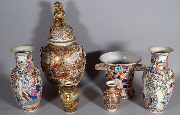 Asian ceramics, including; a 20th century Japanese Satsuma vase and cover with dog finial, 42cm high and two similar smaller vases, a pair of 20th cen