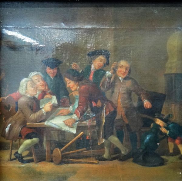 German School (18th century), Figures reading and merrymaking in an interior, oil on canvas, 39cm x 40cm.