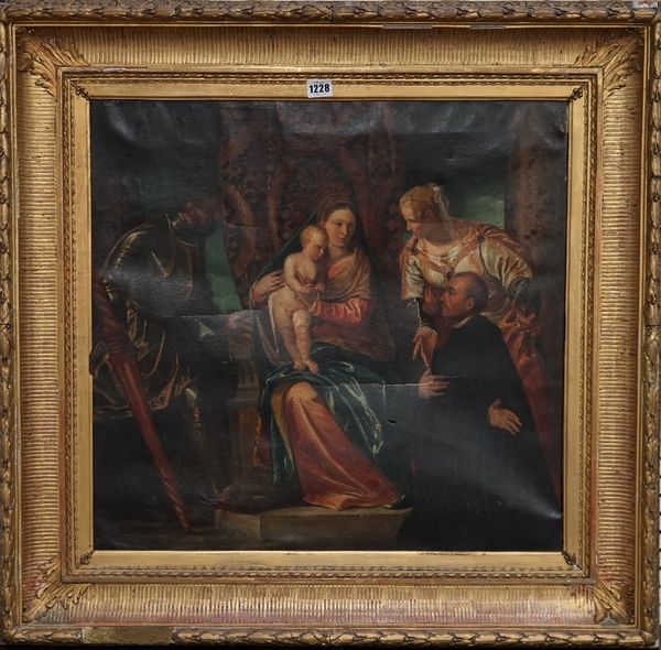 After Veronese, Madonna col bambino tra i Santi Giorgio e Giustina con un Benedettino inginocchiato, oil on canvas, 57cm x 60cm.