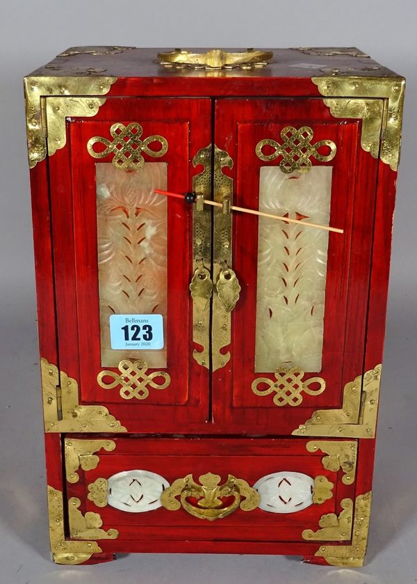 A 20th century Chinese hardwood gilt metal mounted and hardstone inlaid jewellery cabinet, 20cm wide x 32cm high.   D5