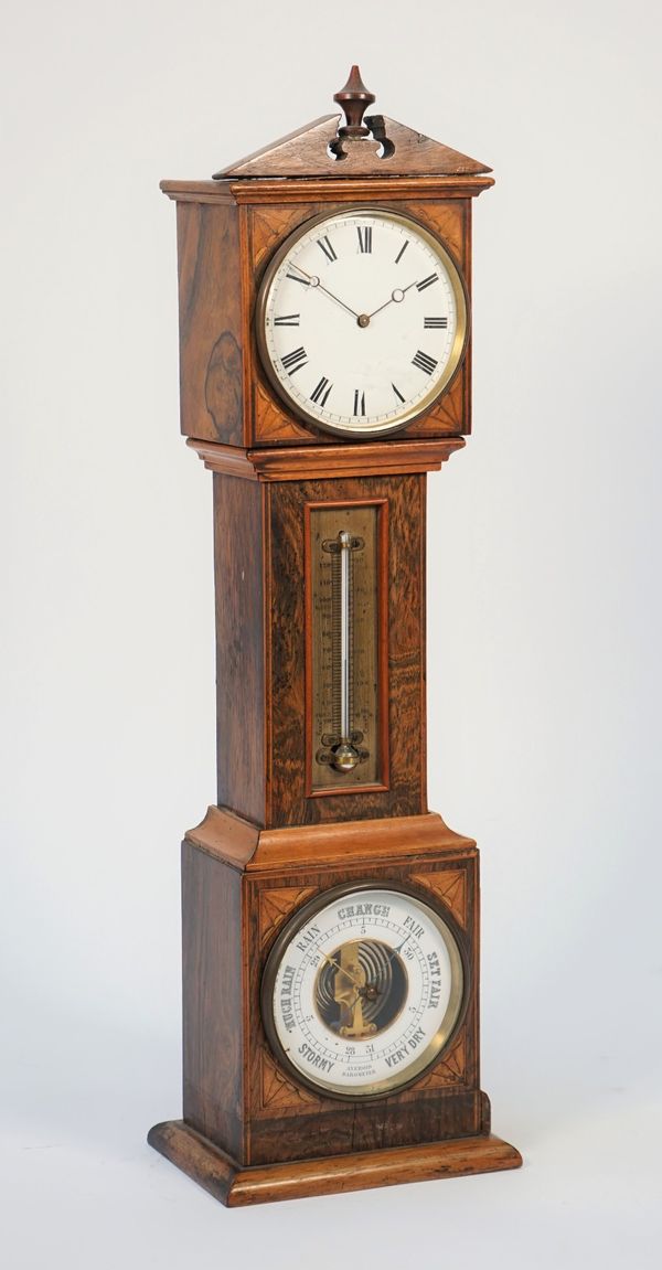 A French rosewood, fruitwood and line inlaid mantel timepiece with aneroid barometer and thermometer, circa 1900 of small size, in the form of a longc