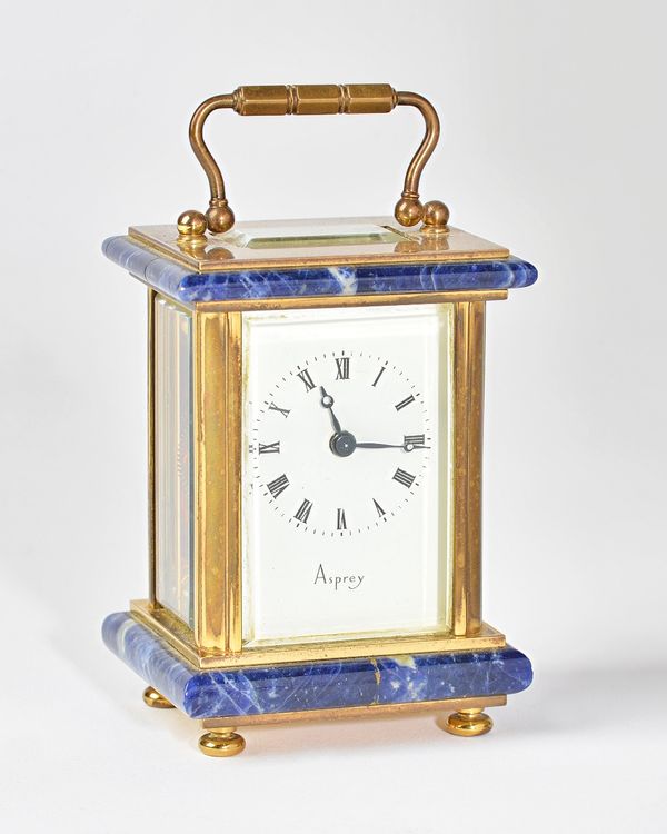 A miniature 'Asprey' brass cased carriage clock with blue marble mounts, 20th century, with visible platform escapement, enamel dial detailed 'ASPREY'