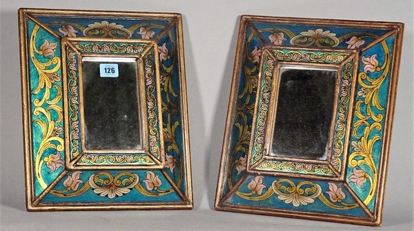 A pair of Venetian style reverse painted rectangular wall mirrors, 35cm high x 30cm high.  S5M