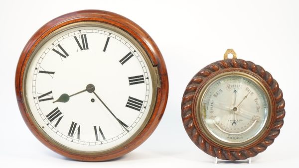 A late 19th century mahogany cased dial clock with 12inch painted tin dial (pendulum) and an oak cased nautical wall barometer by Bruce & Son Liverpoo