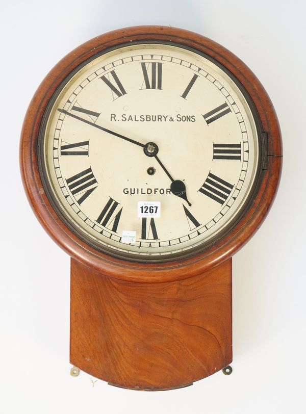 A mahogany cased drop dial wall clock 'R. SALSBURY & SONS GUILDFORD' with a 12 inch painted tin dial and single fusee movement, 53cm high overall. (pe