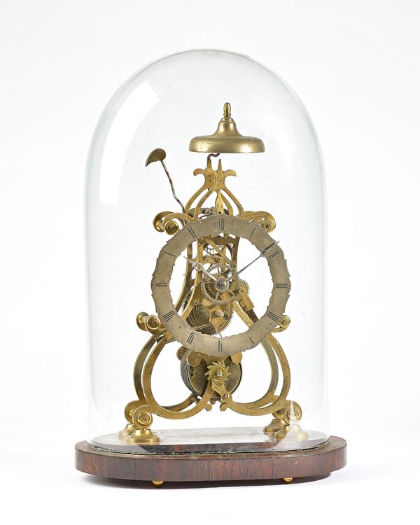 A late 19th century brass framed skeleton clock with single train movement, housed on a rosewood base under a glass dome, 45cm high overall. (pendulum