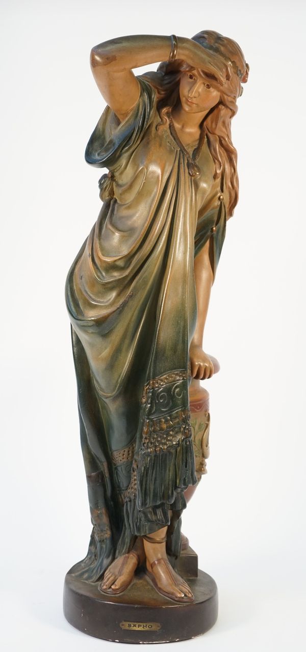 A French polychrome painted plaster figure of sapho, late 19th/ early 20th century, incised 'FRANCE 362' to the rear with titled plaque to the base, 8