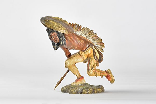 Franz Bergmann (1861-1936); an Austrian cold painted bronze of an Indian brave with spear and shield, stamped 'B' within an urn '3573 GESCHUTZ', 12.3c