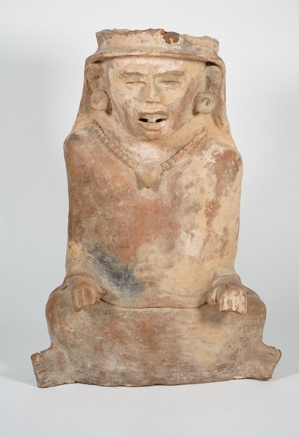 A pre-Columbian style terracotta figural storage vessel, 46cm high, (a.f.).