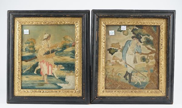 A pair of George III silk pictures, each depicting a figure against a landscape, framed and glazed, 23cm x 20cm (a.f.), (2).