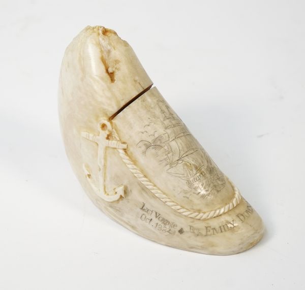 A late 19th century scrimshaw whale tooth detailed in black ink 'Last Voyage Oct 1882, Emily Downing Cpt. J. Scannon' with warship at full sail and ca