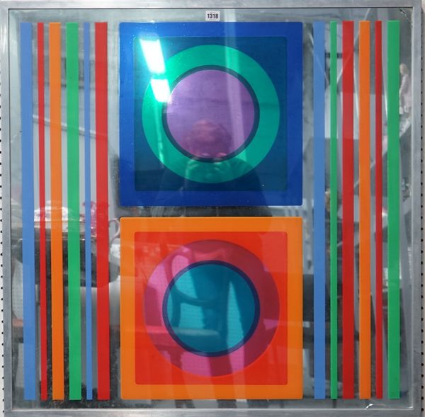 James Morgan; a pop art wall mirror, circa 1971, decorated with coloured geometric shapes within a square aluminium frame, signed JM 1971 Maroc, 93cm