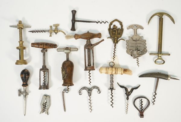 A German 'Ladies Legs' corkscrew, a champagne tap, a 'zig zag' corkscrew and thirteen further vintage corkscrews, (16).