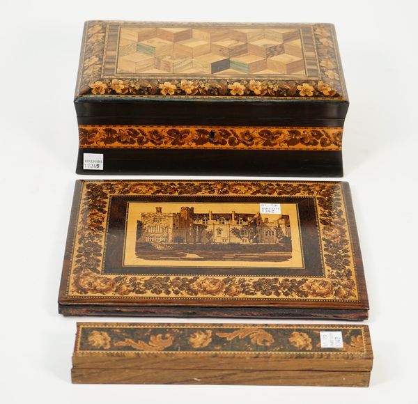 A collection of Tunbridge treen wares, late 19th century and early 20th century, comprising; a jewellery box with specimen wood 'deceptive square' dec