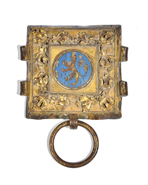 A gilt copper enamel fitting, probably French, of square form, with blue enamel lion to centre within a wide foliate cast border, 11cm wide. Illustrat