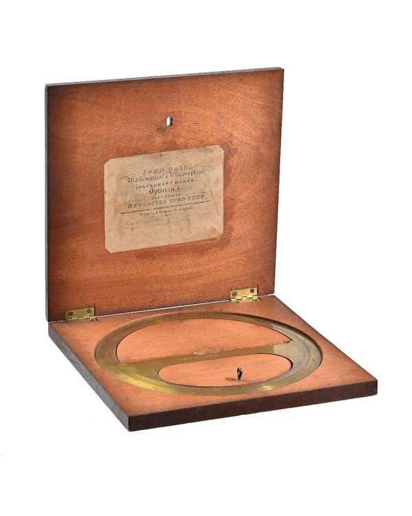 A 19th century gilt brass protractor by John Gail, Newcastle Upon Tyne, 22.5cm diameter, in original mahogany case with paper label to interior lid. I