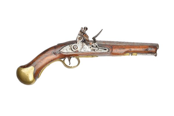 A Tower flintlock pistol, circa 1850, with circular steel barrel, 23cm, lockplate engraved 'TOWER GR' with lion and crown cypher over a brass trigger