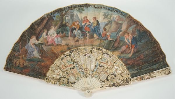 A French painted paper fan, early 19th century, detailed with classical figures against a landscape against painted and pierced carved ivory sticks.