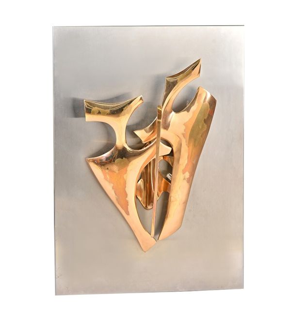 Fred Brouard, (1944-1999); an illuminating gilt bronze wall applique, circa 1970, mounted on a stainless steel plate, 95cm wide. ARR Illustrated.