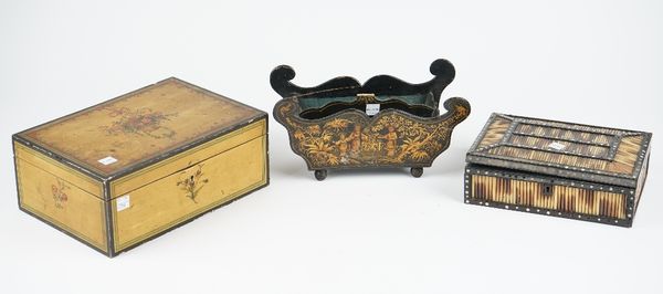 A Victorian chinoiserie decorated stationary rack of shaped 'boat' form, 26cm wide, a foliate painted wooden jewellery box of rectangular form, 27cm w