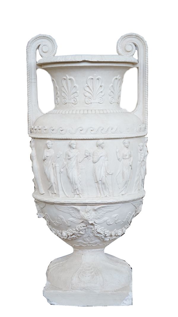 A large painted plaster classical vase, late 20th century, cast with twin handles and a frieze of classical figures, 132cm high, (a.f.).