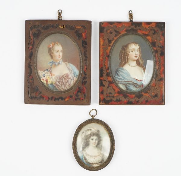 An 18th century portrait miniature on ivory depicting the Duchess of Hamilton, housed in an oval gilt metal frame, 6.3cm high and two later portrait m