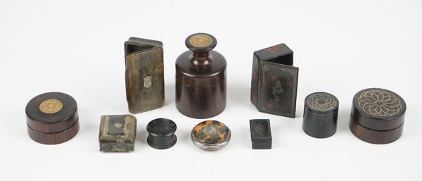 A small group of treen collectables, 19th century, including; a rosewood and gilt metal inlaid pot and cover of cylindrical form, 7.5cm high, one simi