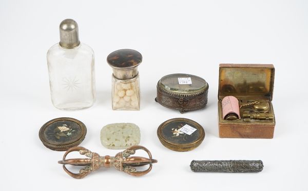 A small group of collectables including; a Chinese jade plaque, 5.5cm wide, an Edwardian leather bound travelling brass inkwell and accessories, 7.5cm