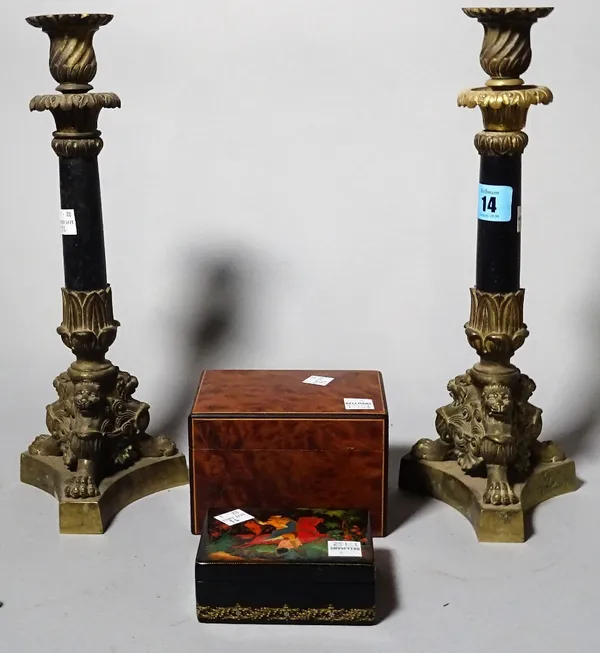 Collectables, including; a pair of Regency candlesticks, a papier mâché box,a  bronze medallion and a wooden box, (5).   S3T