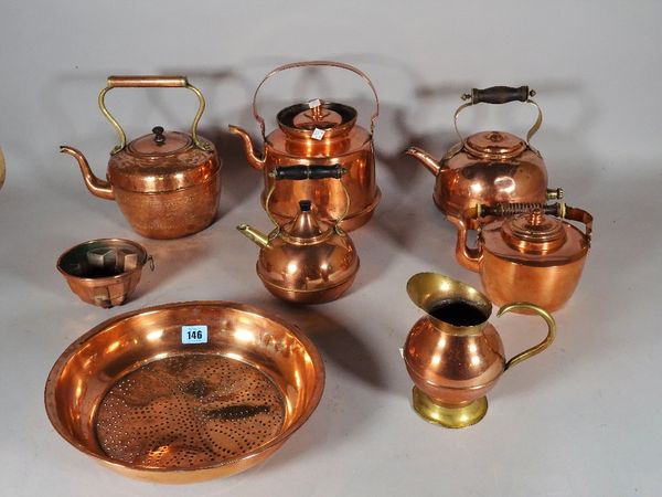 A quantity of 19th century and later copper and brass ware, including; kettles, jugs, jelly moulds and sundry, (qty).  S3B