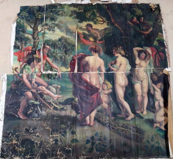 Continental School (20th century), Classical figures in a glade, oil on canvas, unframed, unstretched and fragmented, overall size 195cm x 192cm.   CA