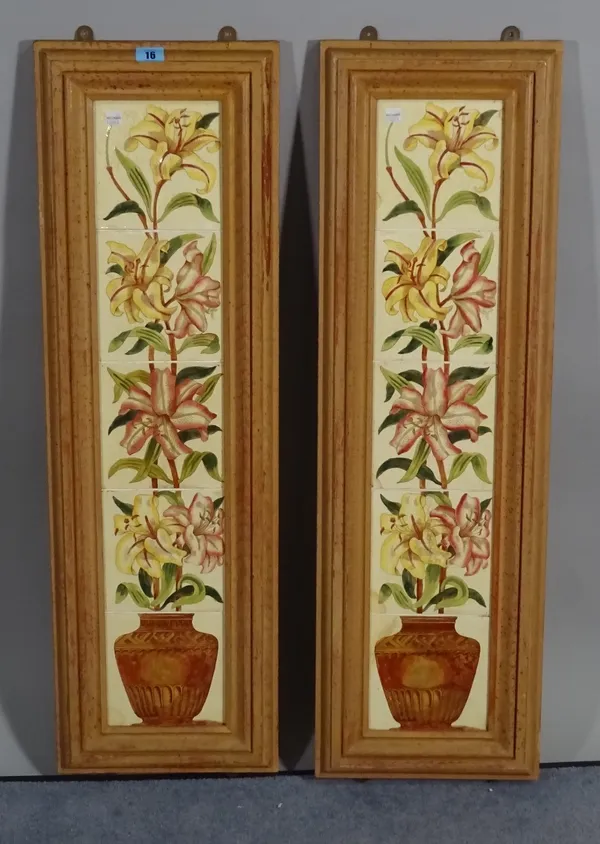 A set of ten Edwardian floral tiles within pine frames, each 27cm wide x 91cm high.  D2