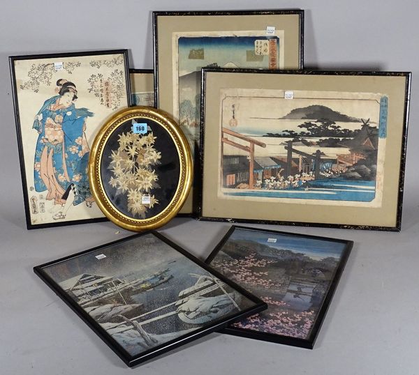 A group of six 20th century Japanese prints, the largest 34cm wide x 64cm high and another oval framed, (7).   CAB