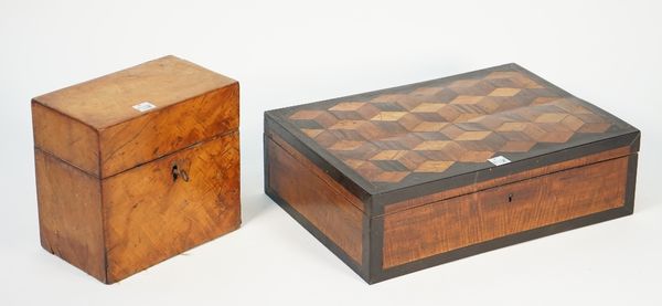 A 19th century specimen wood rectangular box, with tumbling block inlaid decoration, 35cm wide x 10cm high, together with a 19th century satinwood rec