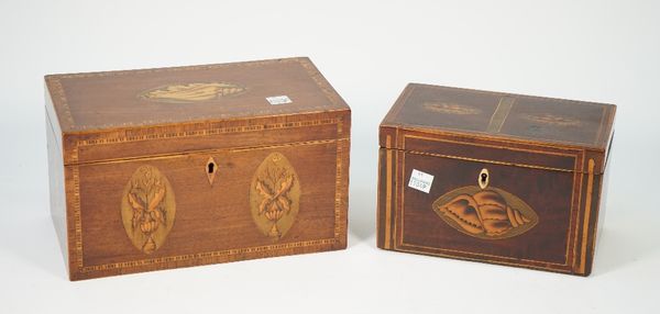 A George III inlaid mahogany rectangular tea caddy with twin lidded interior, 24cm wide x 13cm high, together with a similar smaller, 19cm wide x 12cm