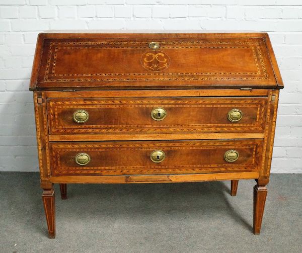 A 19th century Italian marquetry inlaid walnut bureau, the fitted interior over two long drawers, on tapering square supports, 114cm wide x 101cm high