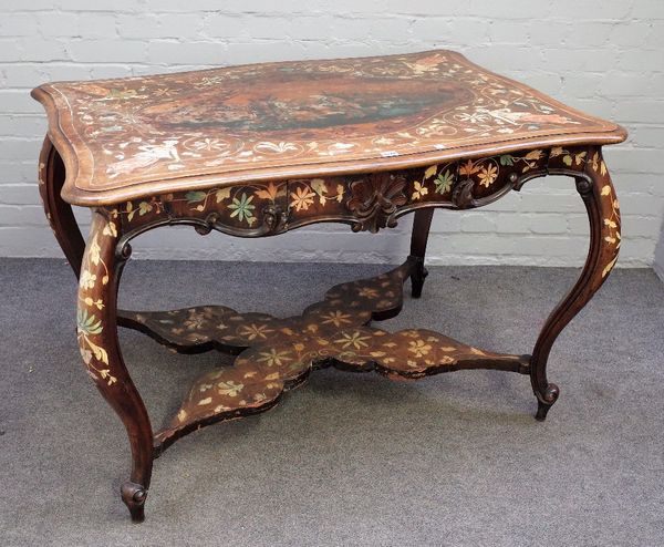 A 19th century figural and floral marquetry inlaid serpentine shaped centre table, on cabriole supports, united by shaped 'X' frame stretcher, 117cm w