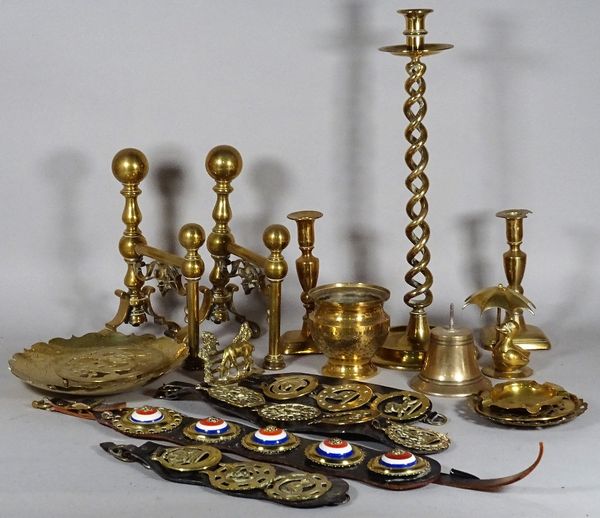 A quantity of mostly 19th century copper and brassware, including andirons, candlesticks, plates and sundry.  S1B