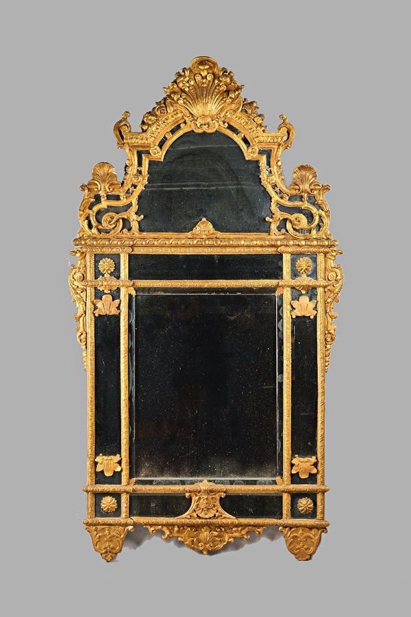 A 19th century Continental gilt framed mirror with floral and shell moulded arch top marginal frame, 98cm wide x 188cm high. Illustrated.