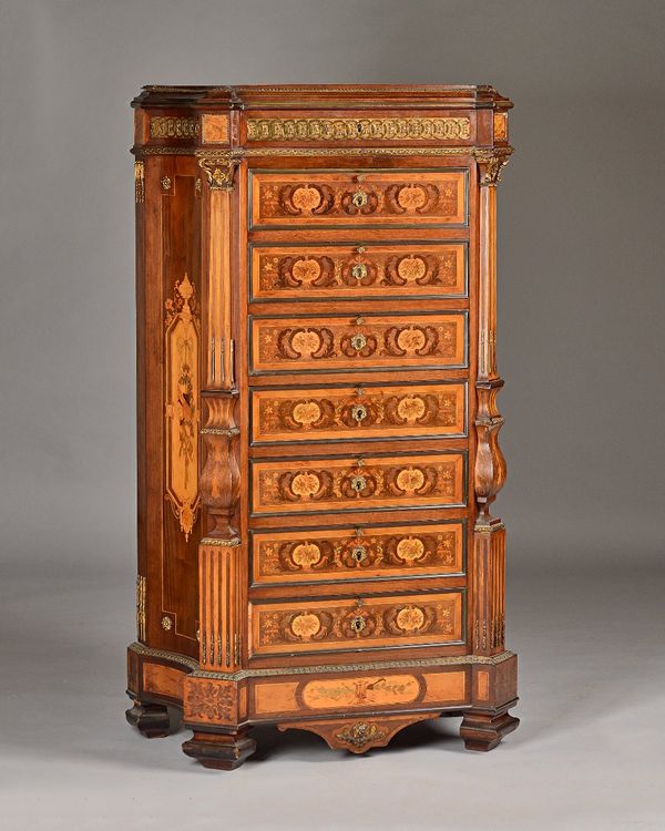 A 19th century French gilt metal mounted marquetry and parquetry inlaid mahogany secretaire, with single drawer over three dummy fall drawers enclosin