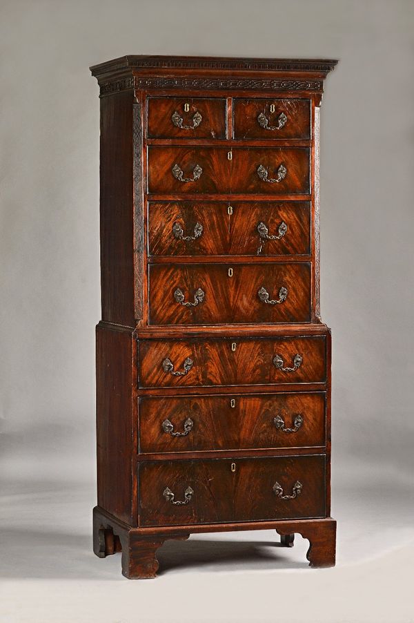 A small mid-18th century mahogany chest on chest, with two short over six long drawers, on bracket feet, 81cm wide x 186cm high. Illustrated.