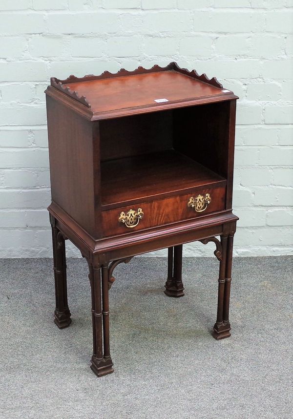 An 18th century style mahogany night stand, the galleried top over recess and single drawer on cluster column supports, 46cm wide x 79cm high.