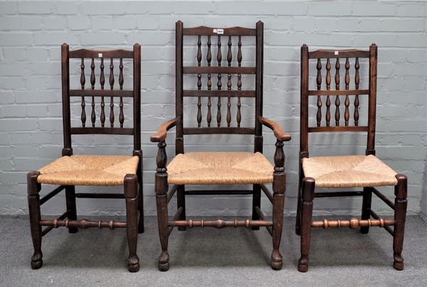 A matched set of eight ash and beech Lancashire bobbin back dining chairs to include a pair of carvers, (8).