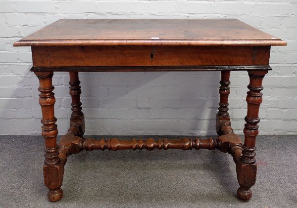 An 18th century Continental fruitwood centre table, the rectangular top with single frieze drawer, on turned supports, 110cm wide x 80cm high.