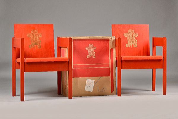 Two Prince of Wales Investiture chairs, Caernarfon Castle 1969, 54cm wide x 78cm high, complete with original cardboard shipping box and supporting pa