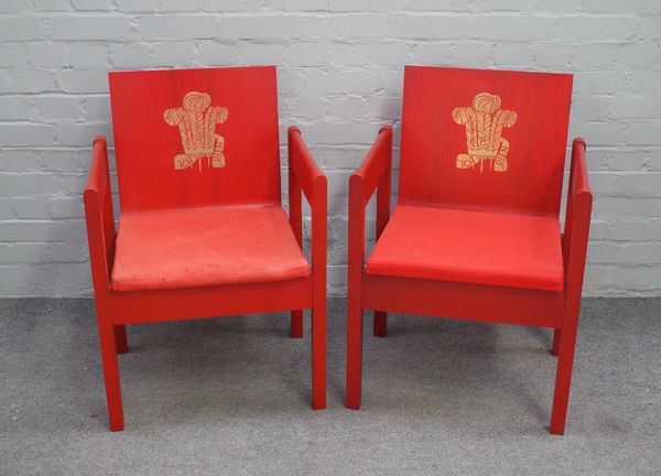 Two Prince of Wales Investiture chairs, Caernarfon Castle 1969, 54cm wide x 78cm high.