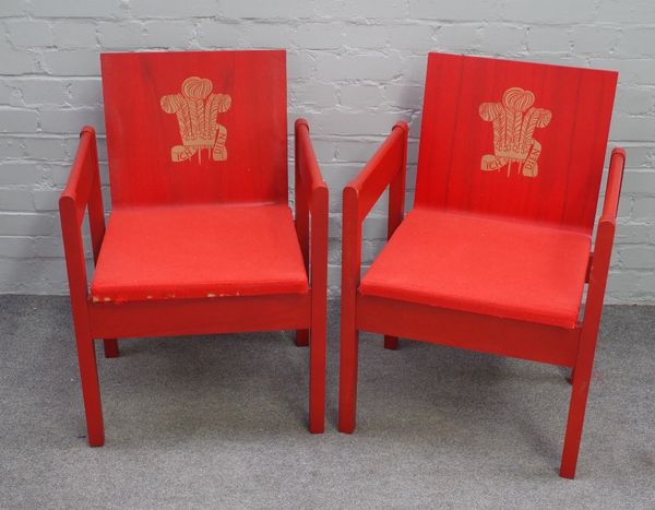 Two Prince of Wales Investiture chairs, Caernarfon Castle 1969, 54cm wide x 78cm high.